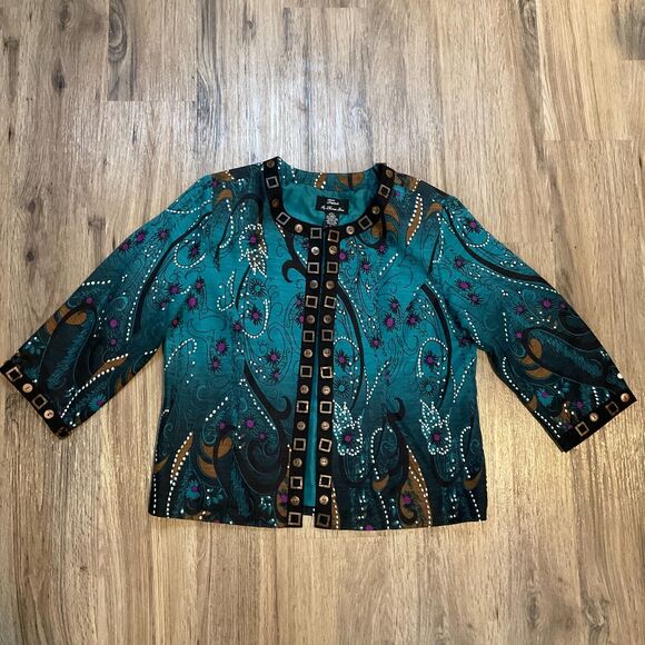 Trenz by Theresa Renz Silk Cardigan Artsy Floral Jacket Wood Buttons‎ Size Large - Picture 1 of 9
